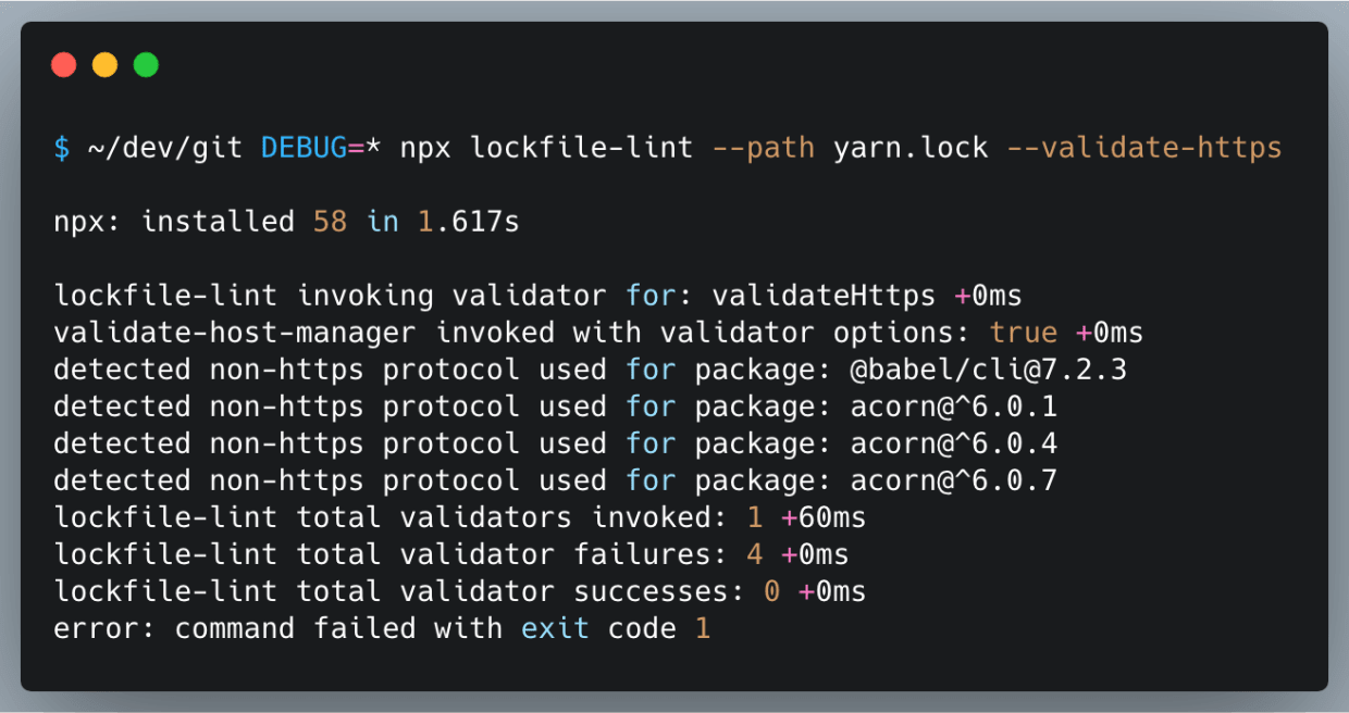 lockfile lint example for npm project